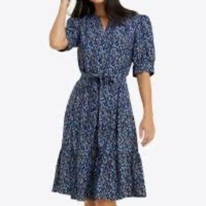 Draper James Navy Blue Yellow Floral Ruffle Hem Short Sleeve Dress Size M